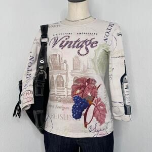 Wine “Vintage” All Over Print Top Y2K Style, 3/4 Sleeves Size Small